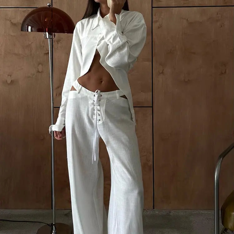 Flip collar long sleeved exposed navel design white shirt with hollowed out lace up wide leg pants two-piece set eprolo