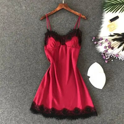 Women's Sexy Lingerie Silk Nightgown Summer Dress Lace Night Dress Sleepwear Babydoll Nightie Satin Homewear Chest Pad Nightwear eprolo