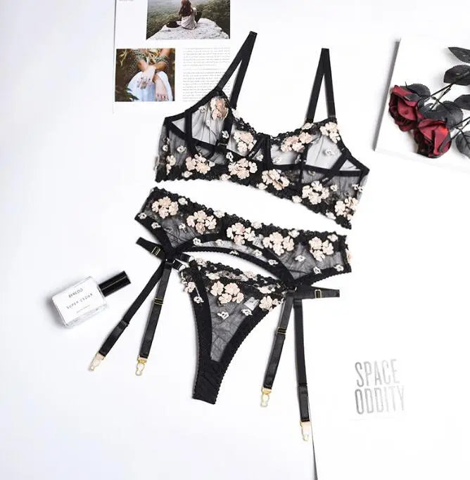 Sexy Lingerie Lace Hollow Ladies New Mini Flower Embroidery Three Pieces Set eprolo