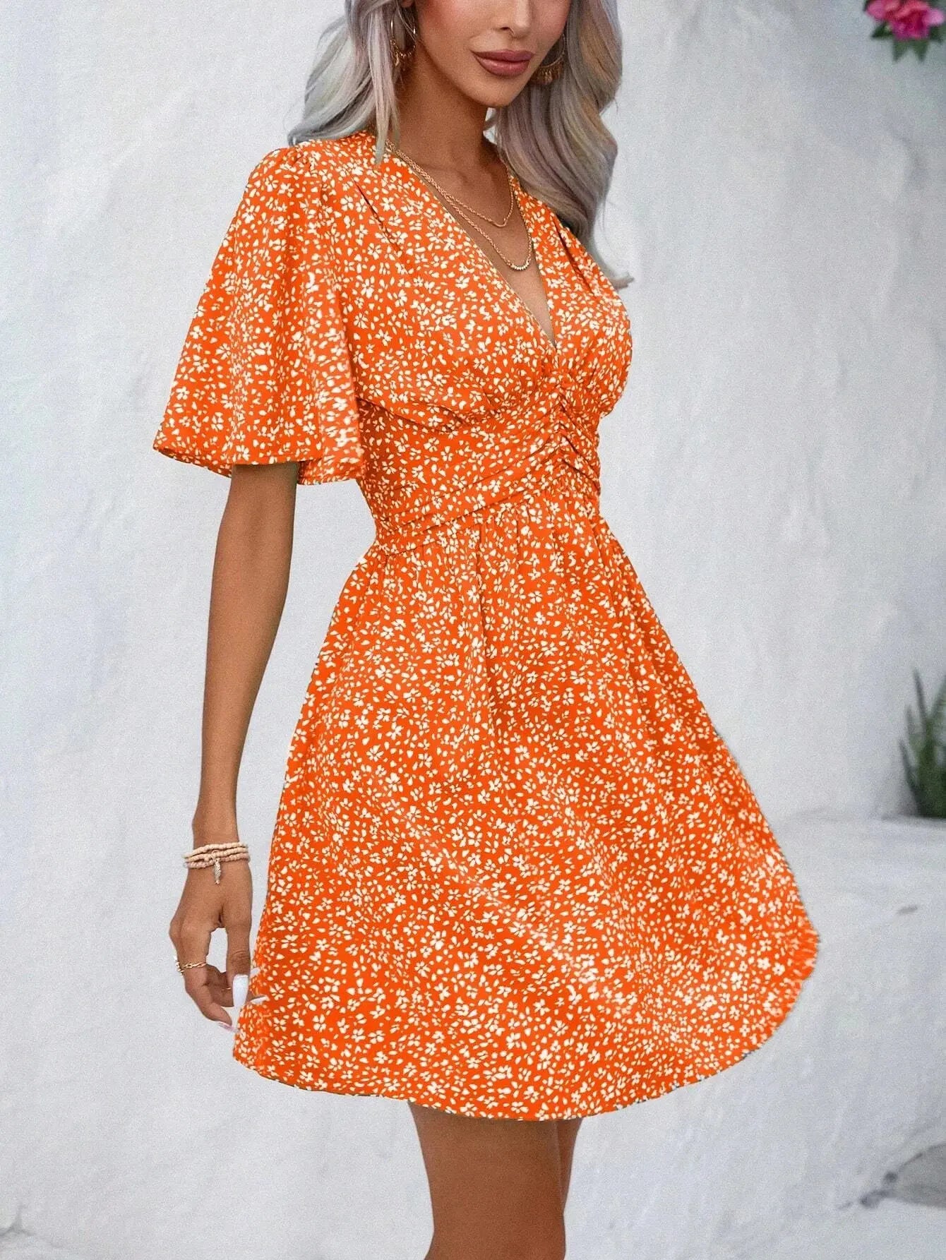 Women's summer new V-neck mid sleeve printed high waisted floral pleated dress eprolo