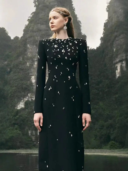 Elegant long evening dress with heavy-duty beading diamond inlay long-sleeved and bandage style eprolo