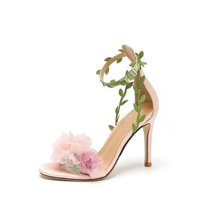 Pink pastoral chiffon flower fantasy high heels one-line vine strap sandals for women eprolo