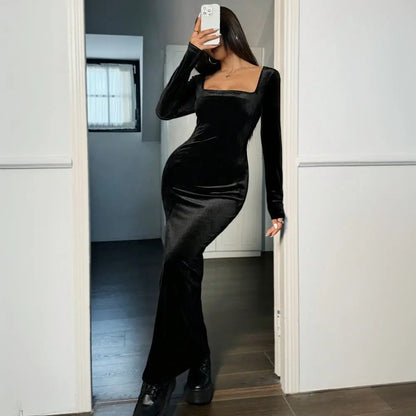 Women's sexy long sleeved dress with high waist and split square neck long skirt eprolo