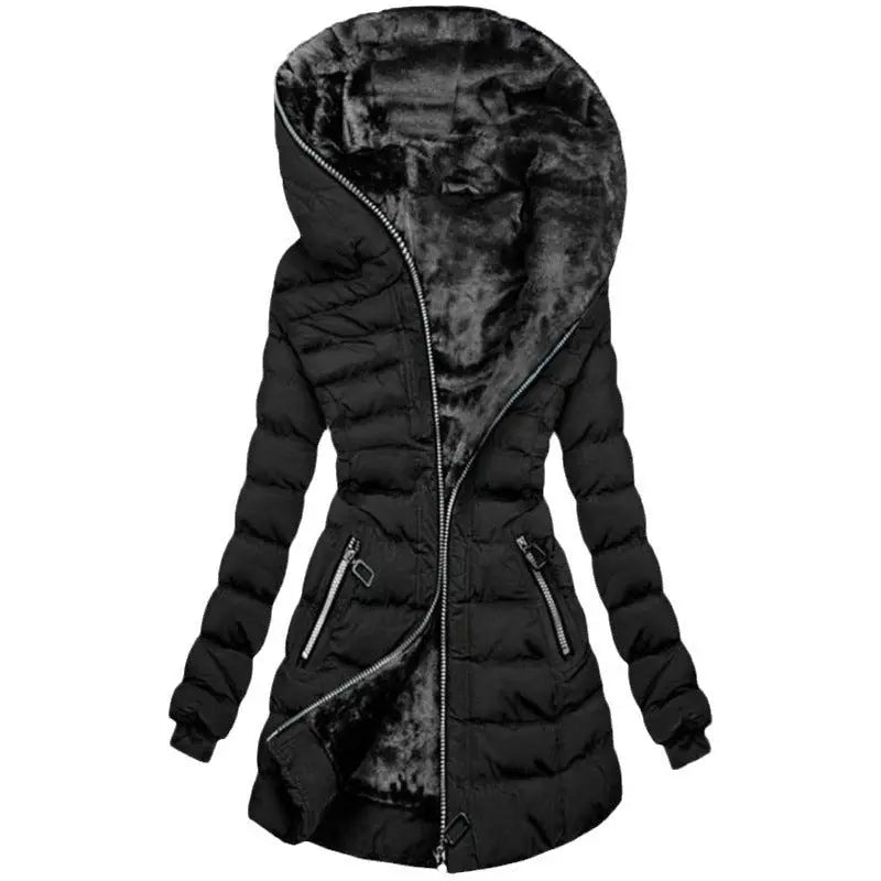 Women's cotton clothing hooded long sleeved warm and plush cotton clothing winter mid to long zipper jacket eprolo