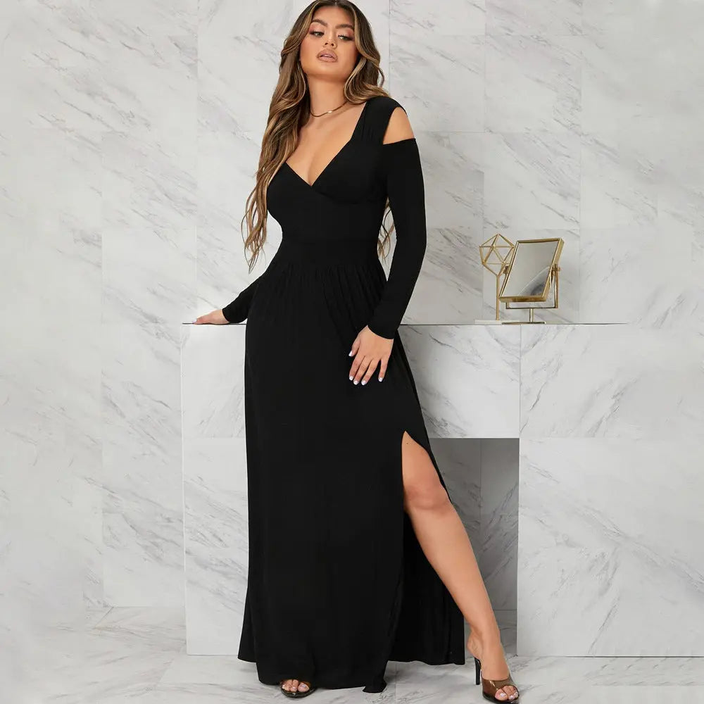 European and American women's dress with elegant temperament V-neck slit long skirt eprolo