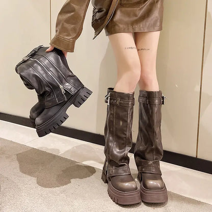 Luxury PU leather fashion Belt Buckle boots sexy ladies Zip Warm Casual Shoes Knee-High Square toe platform chunky boots women eprolo