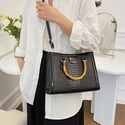 High Quality Leather Shoulder Bag For Women Luxury Alligator Handbag Designer Women Bag Retro Bamboo Handle Tote Bag Female eprolo