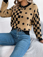 Casual contrasting polka dot checkered lantern sleeve sweater eprolo