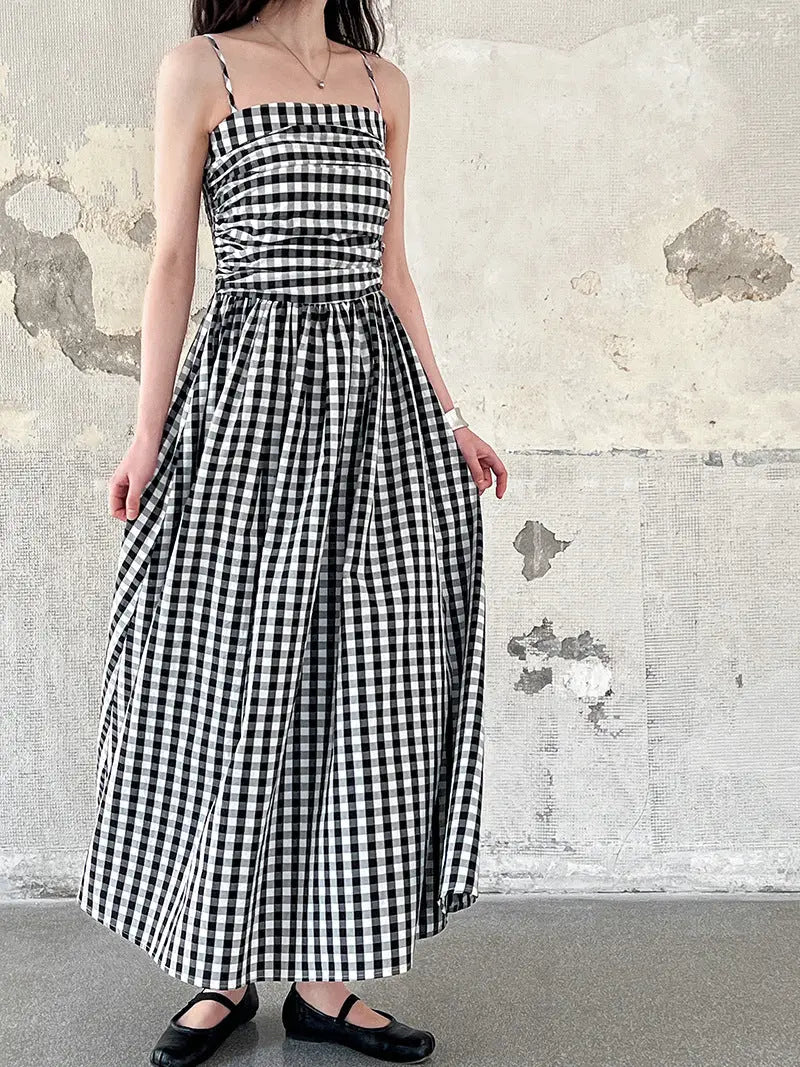 Checkered strapless camisole dress with exposed shoulders and folded waist A-line long skirt eprolo