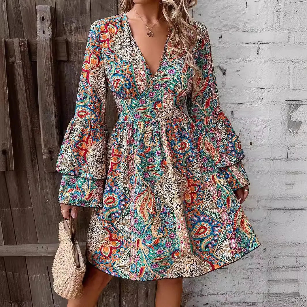 Autumn and winter new elegant women's floral print V-neck flared sleeve dress eprolo