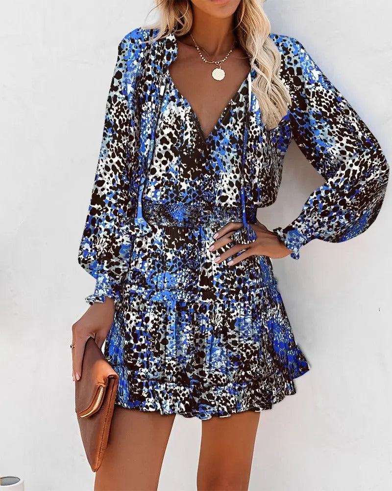 Spring and summer long sleeved V-neck fashionable printed waist cinching dress eprolo