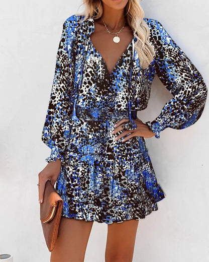 Spring and summer long sleeved V-neck fashionable printed waist cinching dress eprolo