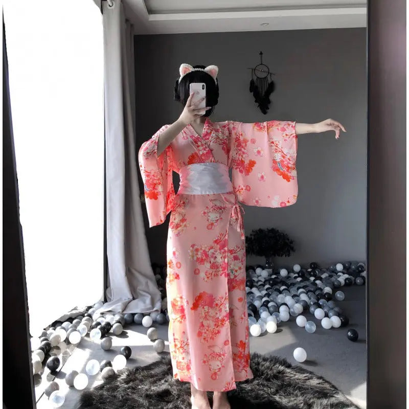 Sexy Underwear Japanese Kimono Long Cat Sexy Pajamas Tempt Women's Chiffon eprolo