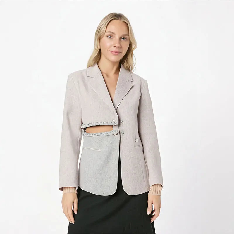 Irregular cut design sense small suit women's contrasting color splicing hollow trendy jacket eprolo