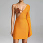 Orange flower sequin decoration chest wrapped sexy one shoulder flared long sleeved spicy bandage dress for women eprolo