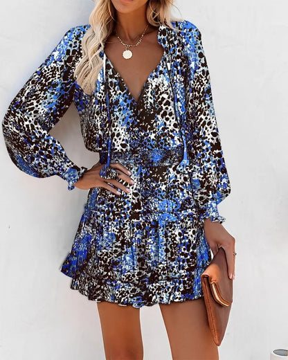 Spring and summer long sleeved V-neck fashionable printed waist cinching dress eprolo