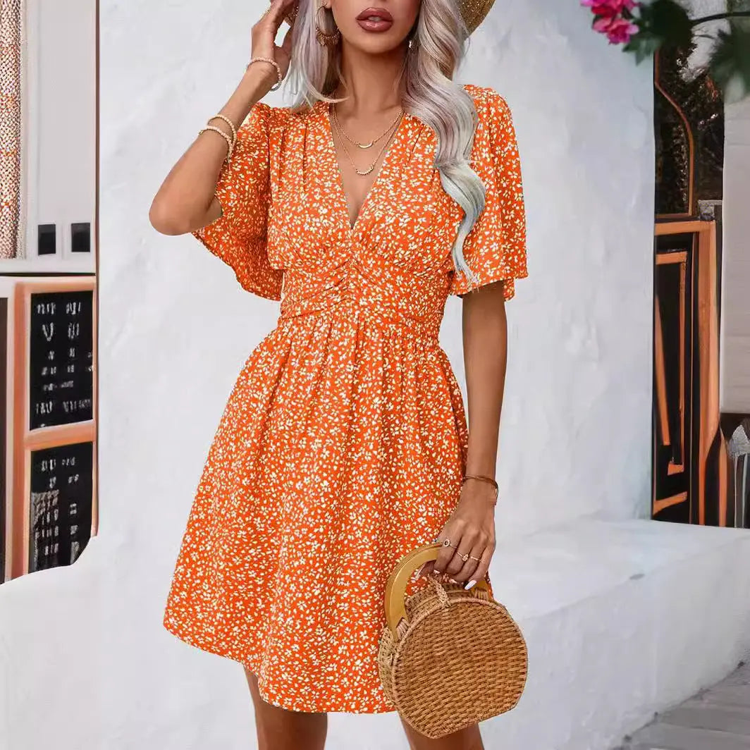 Women's summer new V-neck mid sleeve printed high waisted floral pleated dress eprolo