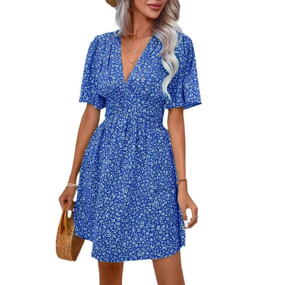 Women's summer new V-neck mid sleeve printed high waisted floral pleated dress eprolo