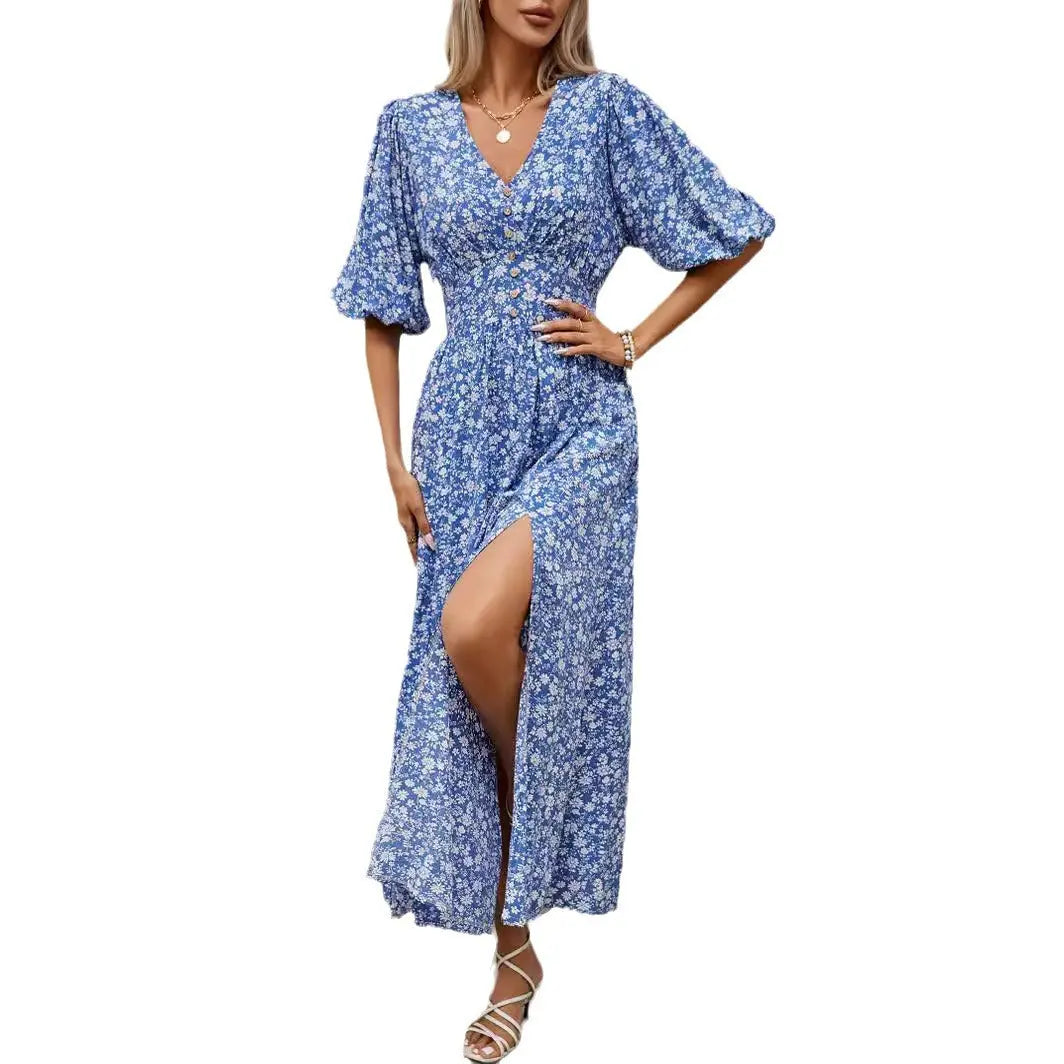 V-neck lantern sleeve waist cinched dress for beach vacation, Bohemian style beach dress eprolo