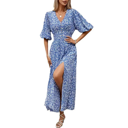 V-neck lantern sleeve waist cinched dress for beach vacation, Bohemian style beach dress eprolo