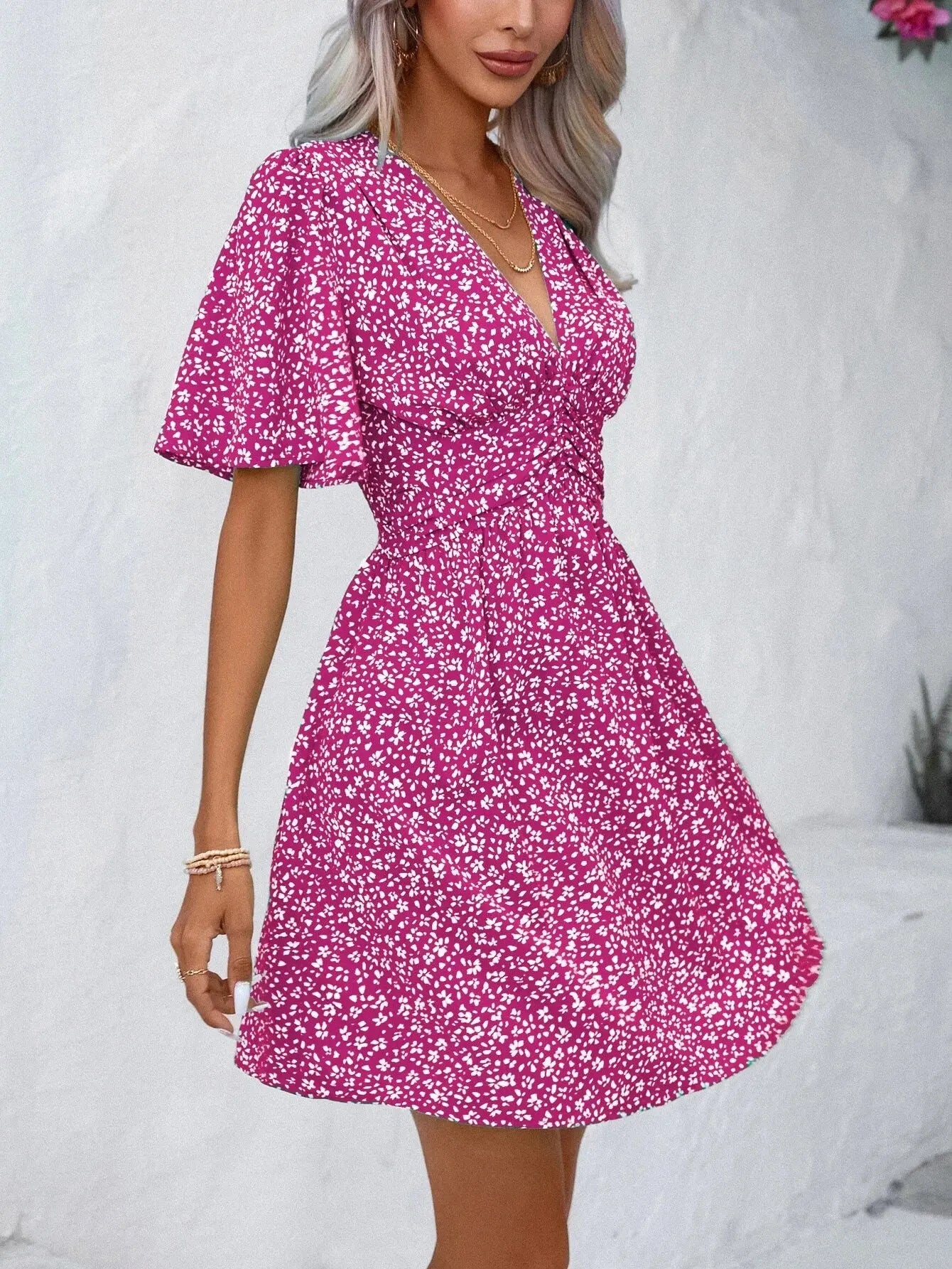 Women's summer new V-neck mid sleeve printed high waisted floral pleated dress eprolo