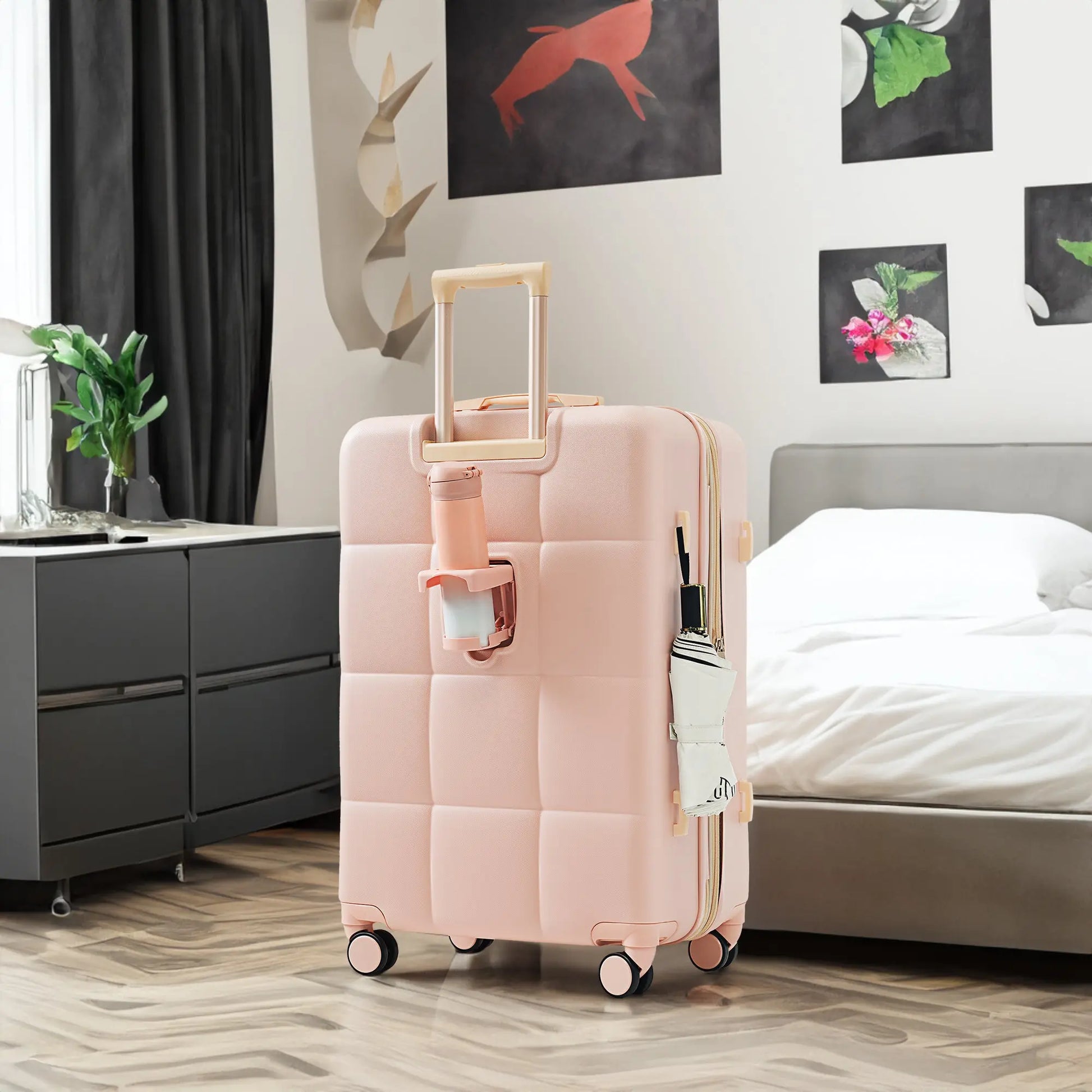 3-piece luggage set, 20 inches, ABS hard shell luggage with USB port and cup holder rotating wheel, pink color eprolo