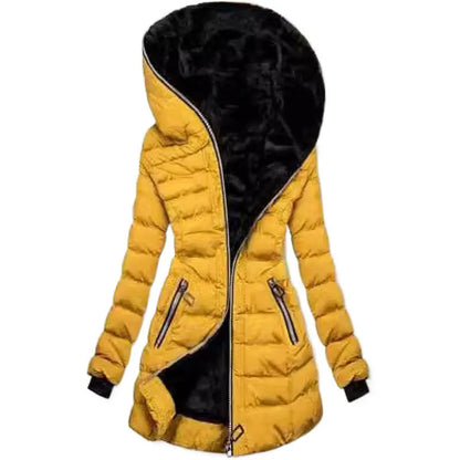 Women's cotton clothing hooded long sleeved warm and plush cotton clothing winter mid to long zipper jacket eprolo