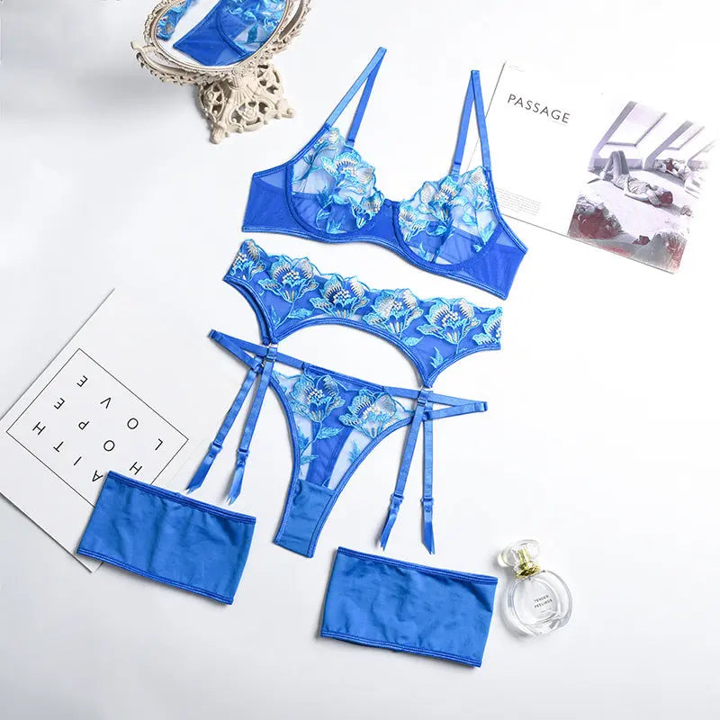 Women's new sexy beautiful new bright blue flower garter belt four piece body sculpting underwear set eprolo