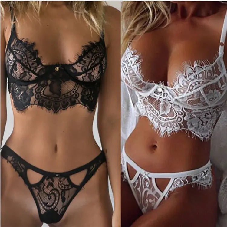 Sexy Bra Lingerie Lace Bras G-string Sheer Unpadded Mesh Bralette Sets Women White Trim Straps Bra Soft Deep V Cross Back Bras eprolo