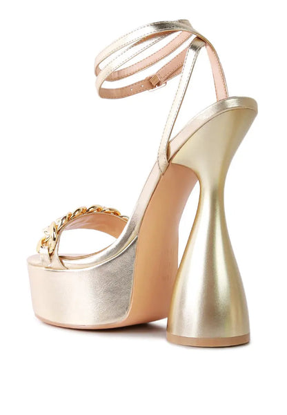 Stylish Big Bash Metallic High Platform Chunky Sandals with gold finish and chain embellishment, perfect for glam occasions.