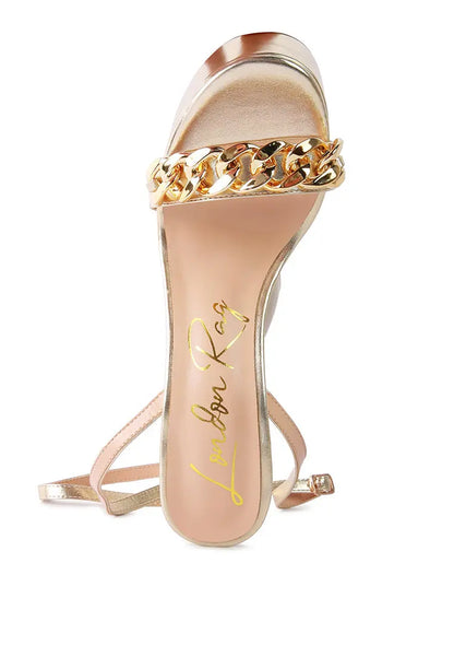 Big Bash Metallic High Platform Chunky Sandals featuring gold metallic design and chic chain embellishment.