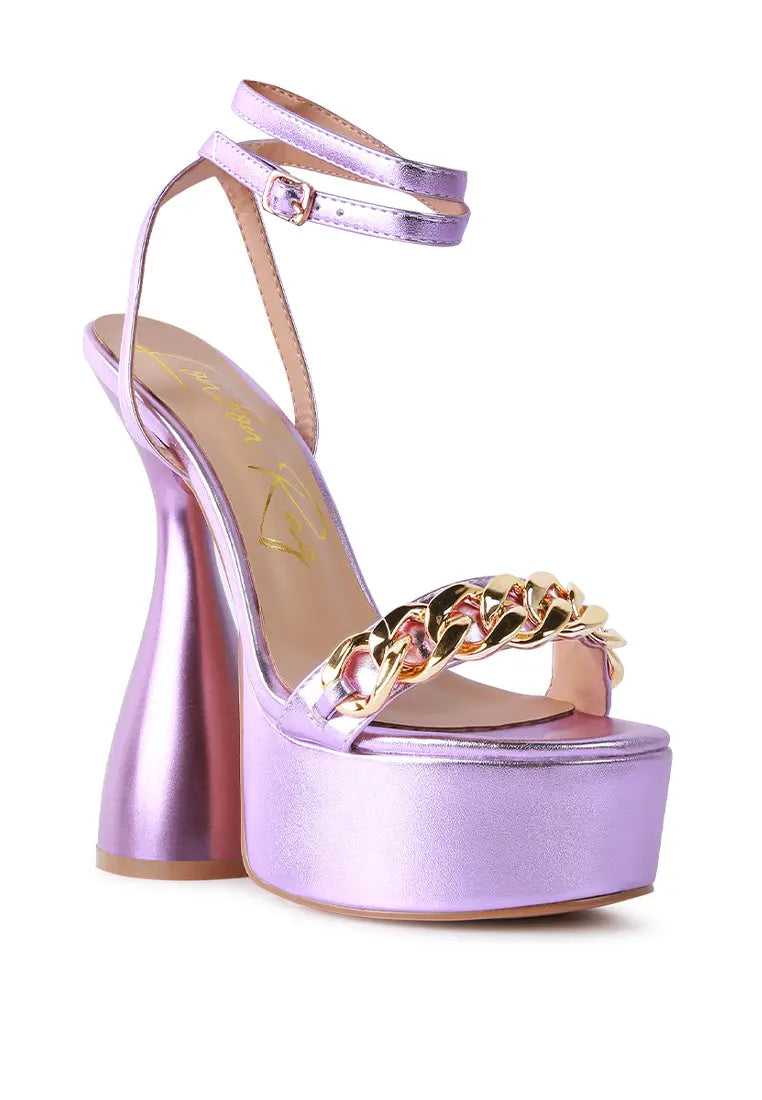 Stylish Big Bash Metallic High Platform Chunky Sandals in purple with gold chain embellishment, perfect for glam occasions.