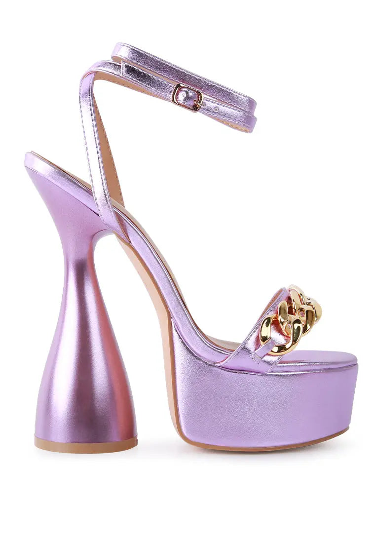 Big Bash Metallic High Platform Chunky Sandals feature a stunning purple hue and chic chain embellishment for glam style.