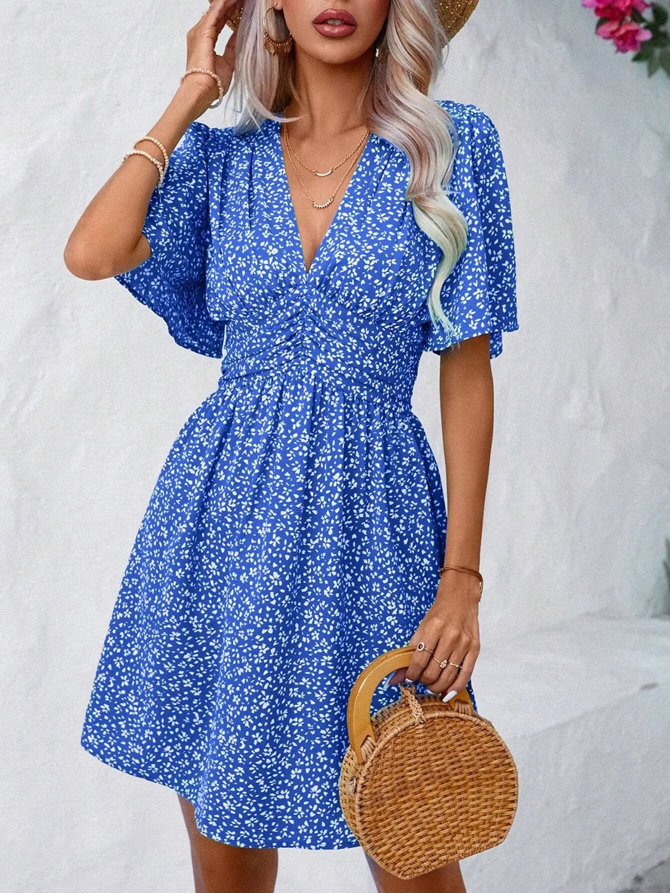 Women's summer new V-neck mid sleeve printed high waisted floral pleated dress eprolo