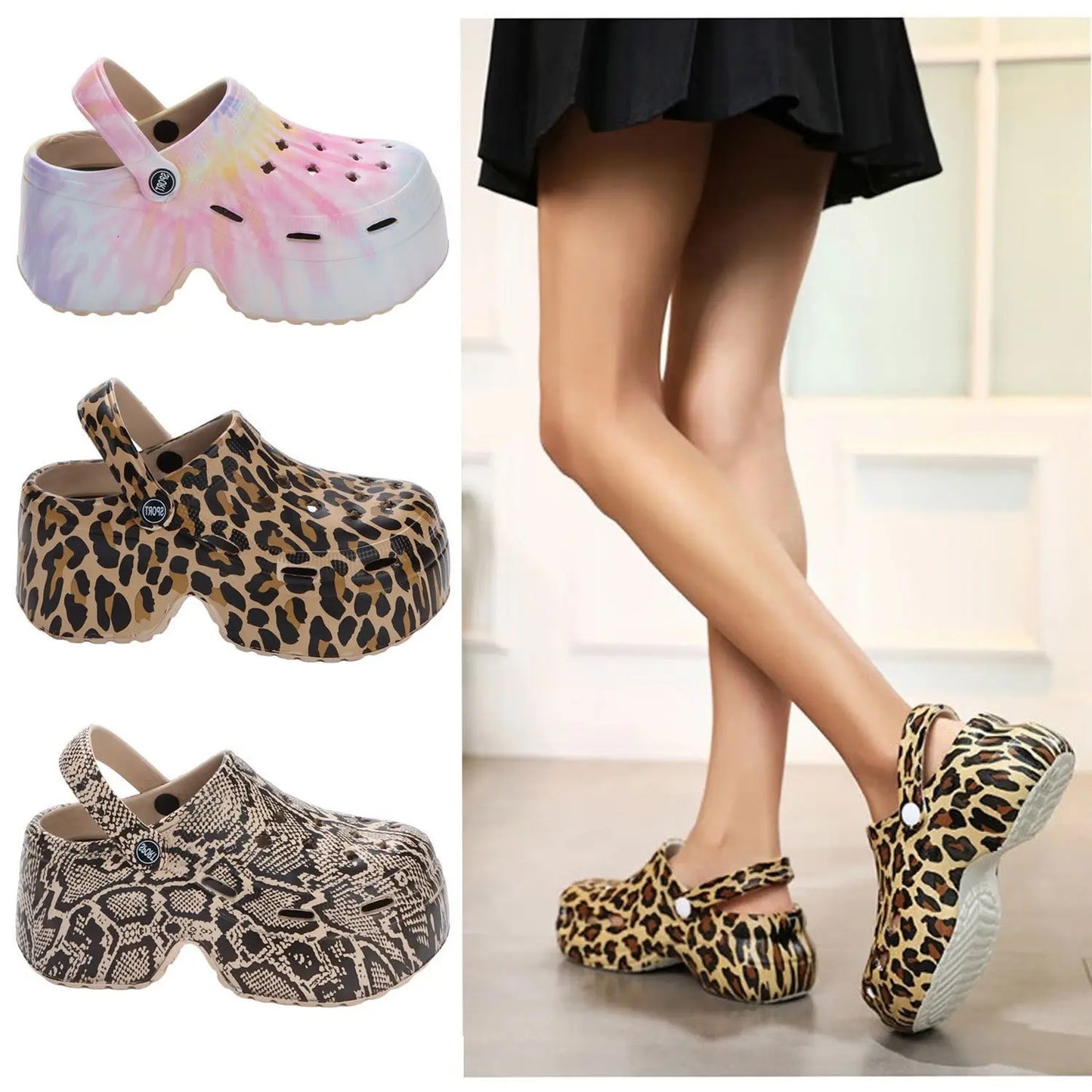 Cave shoes for women in summer, leopard print height increasing thick soled Southeast Asian beach garden shoes, cool slippers for outdoor wear eprolo