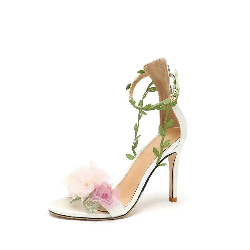 Pink pastoral chiffon flower fantasy high heels one-line vine strap sandals for women eprolo