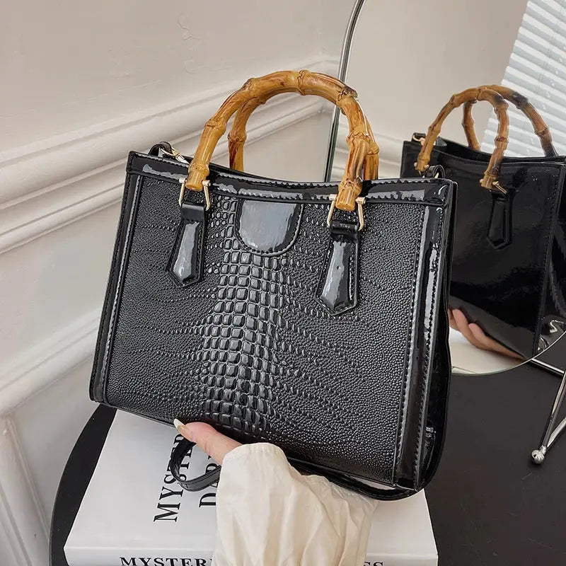 High Quality Leather Shoulder Bag For Women Luxury Alligator Handbag Designer Women Bag Retro Bamboo Handle Tote Bag Female eprolo