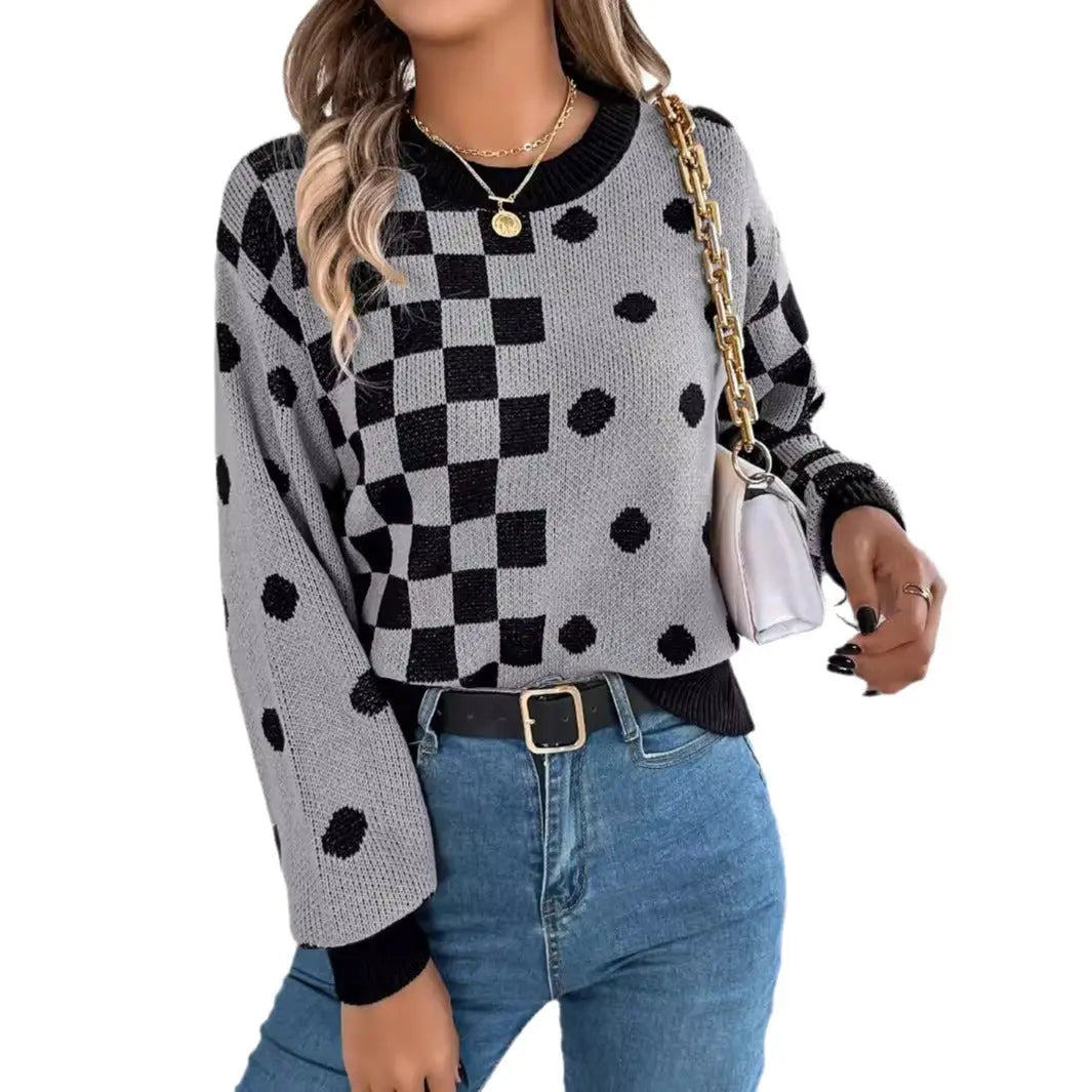 Casual contrasting polka dot checkered lantern sleeve sweater eprolo