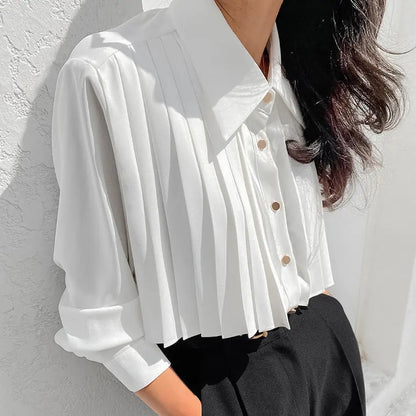 Early autumn pleated French white shirt women's long sleeved chiffon top commuting professional women's clothing eprolo