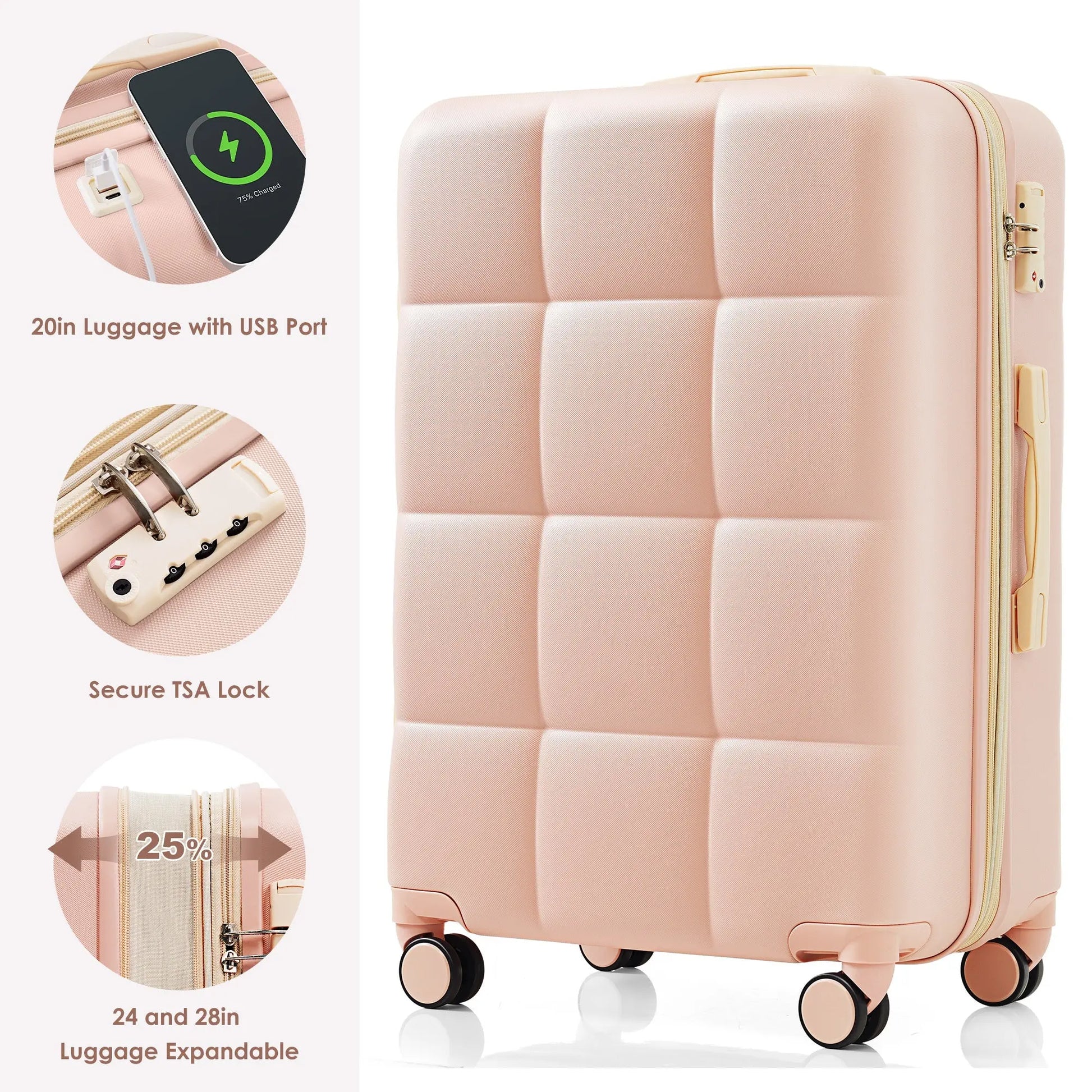 3-piece luggage set, 20 inches, ABS hard shell luggage with USB port and cup holder rotating wheel, pink color eprolo