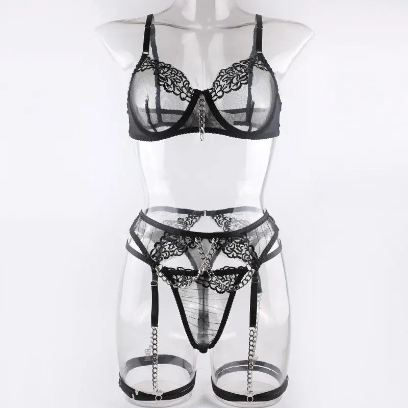 Fashion New Style With Metal Chain Embroidery Sexy Underwear Four-Piece Set With Leg Girt eprolo