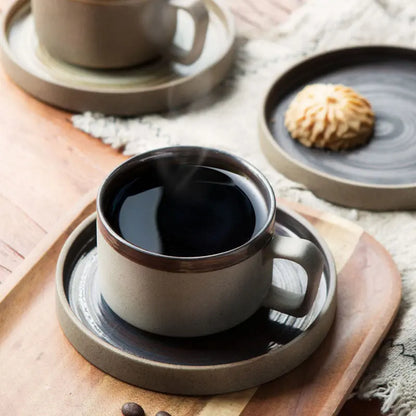 Coarse pottery coffee cup and plate set creative handmade retro coffee cup artistic cup plate milk cup eprolo