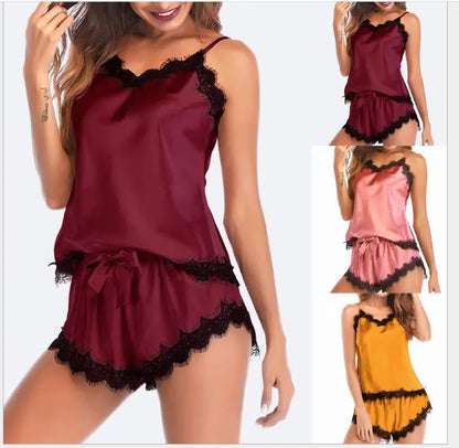 Women Sexy Sleepwear Kit Ladies Sleeveless Lingerie Lace V-Neck Nightgown Polyester Pijama eprolo