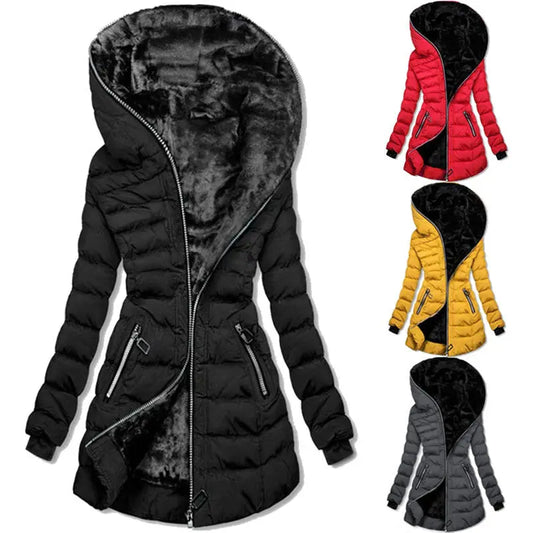 Women's cotton clothing hooded long sleeved warm and plush cotton clothing winter mid to long zipper jacket eprolo