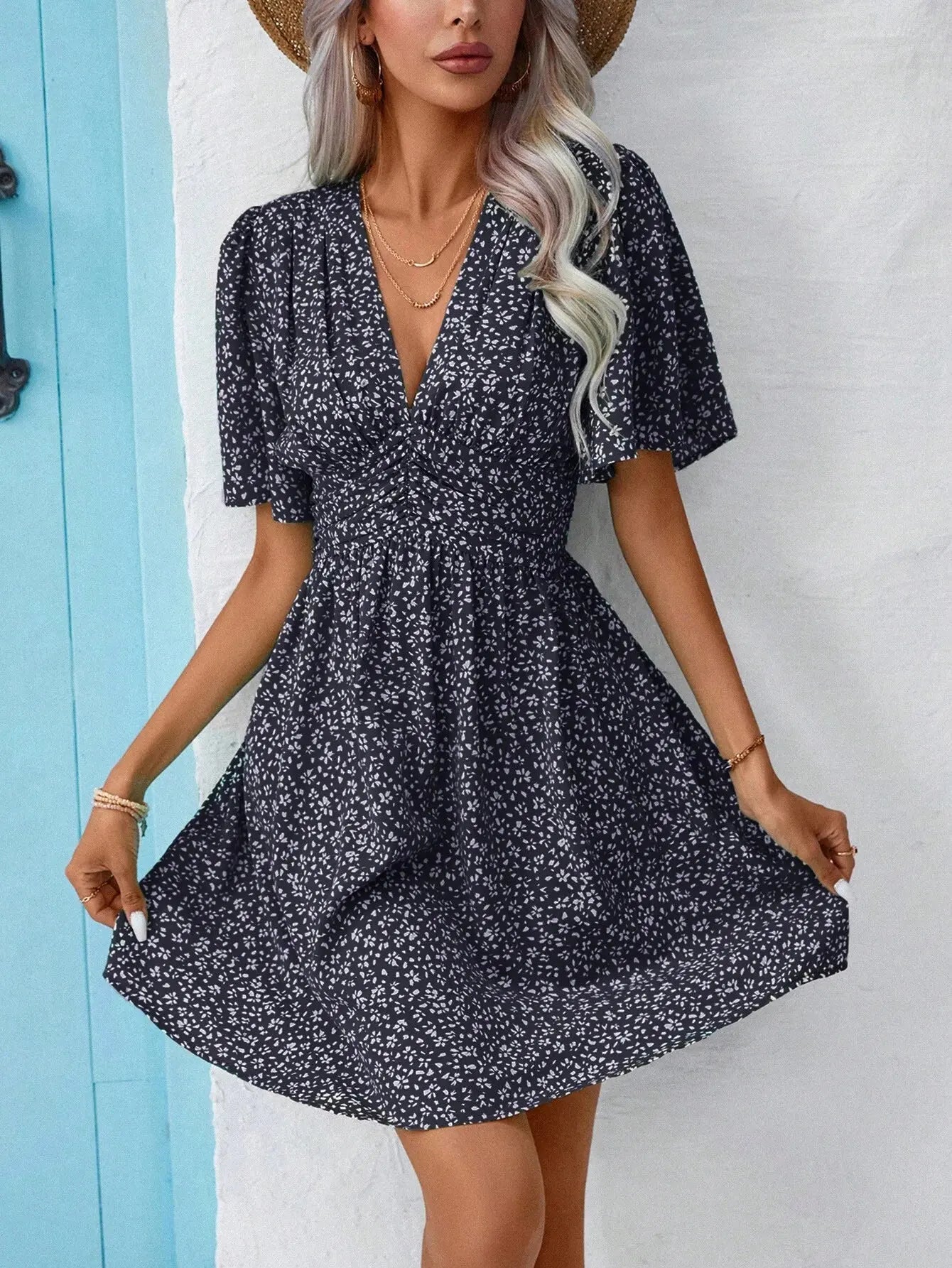 Women's summer new V-neck mid sleeve printed high waisted floral pleated dress eprolo