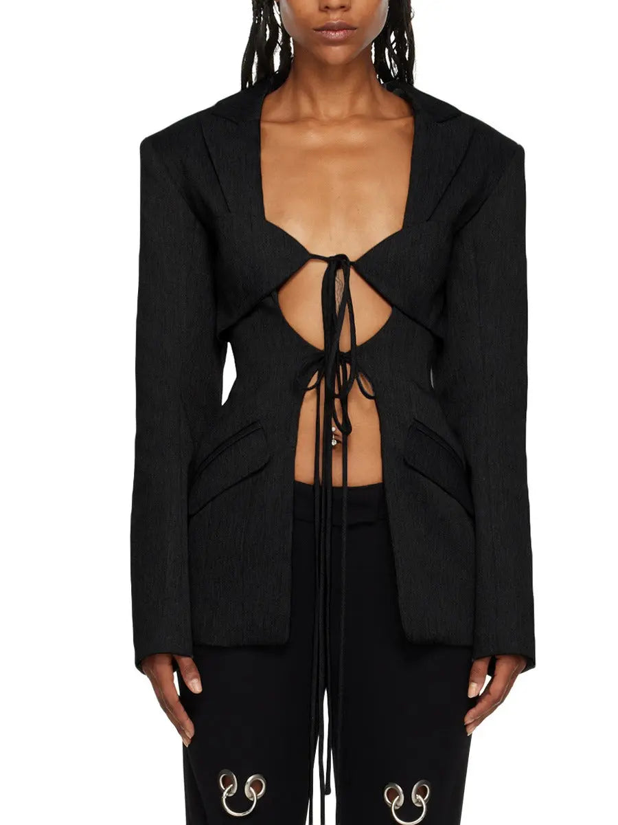 V-neck tie with hollow waist irregular splicing design stylish suit jacket for women eprolo