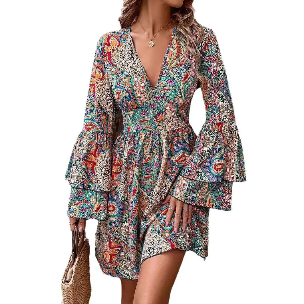 Autumn and winter new elegant women's floral print V-neck flared sleeve dress eprolo