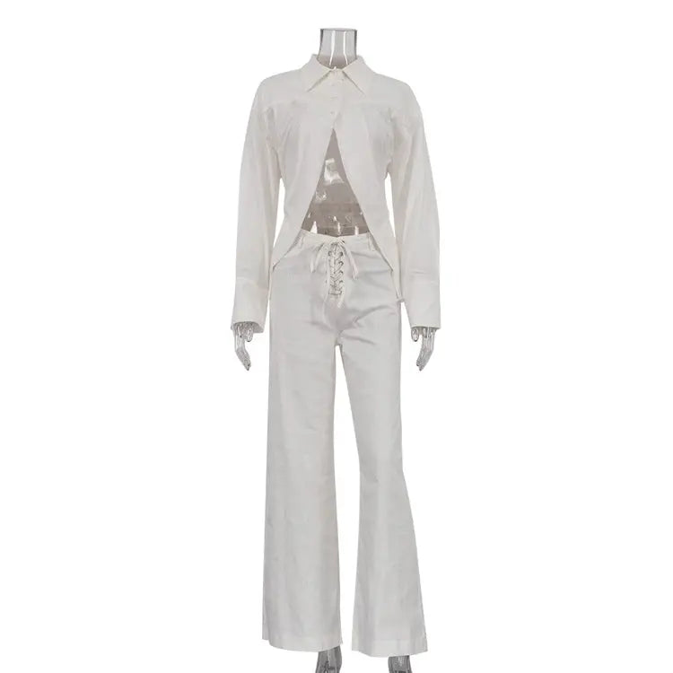 Flip collar long sleeved exposed navel design white shirt with hollowed out lace up wide leg pants two-piece set eprolo