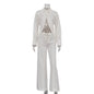 Flip collar long sleeved exposed navel design white shirt with hollowed out lace up wide leg pants two-piece set eprolo