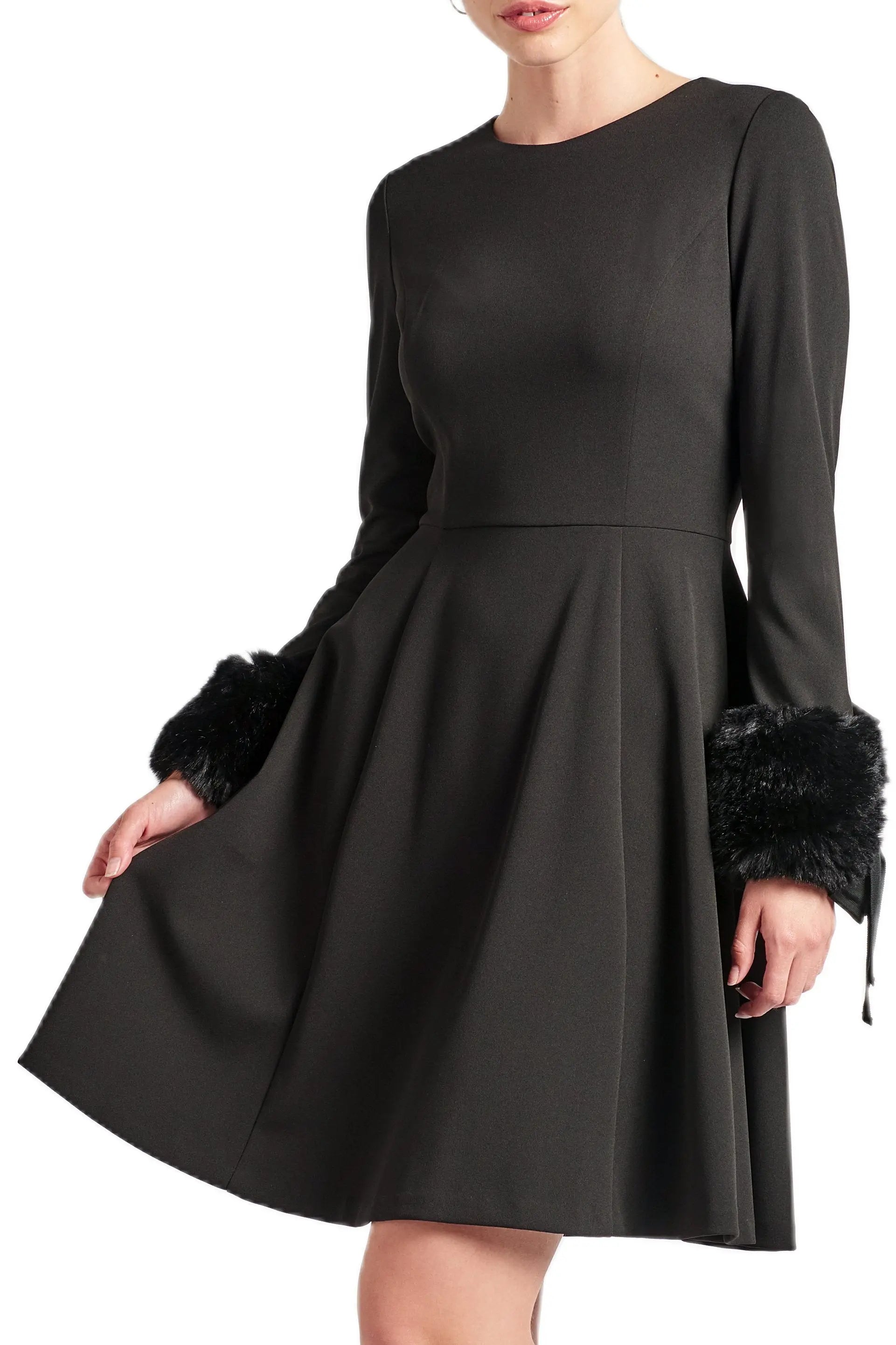 Caroline Dress - Crepe fit & flare dress with faux fur cuffs Peach Dionysus